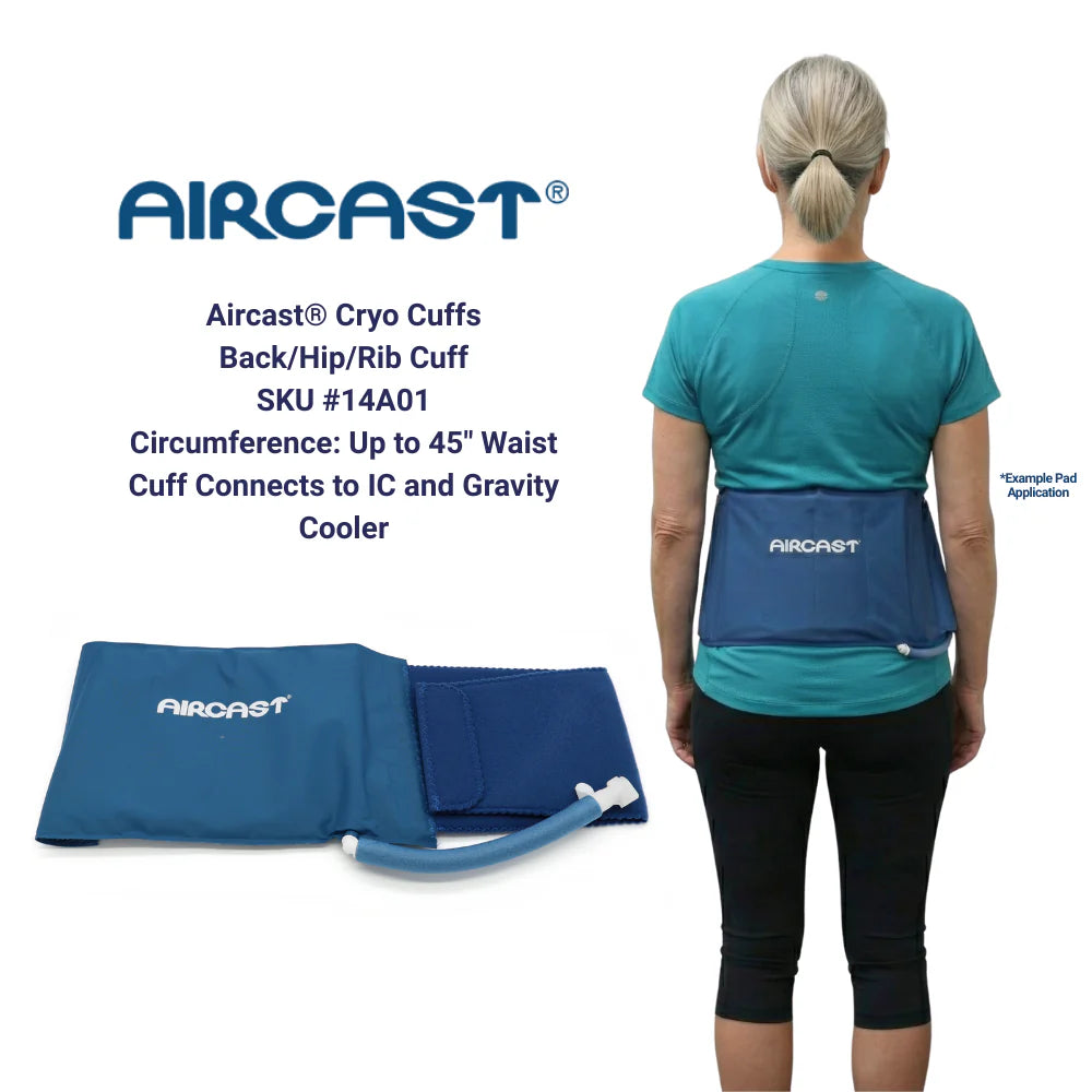 Aircast Cryo Cuffs with a person wearing a blue shirt and black pants on a white background