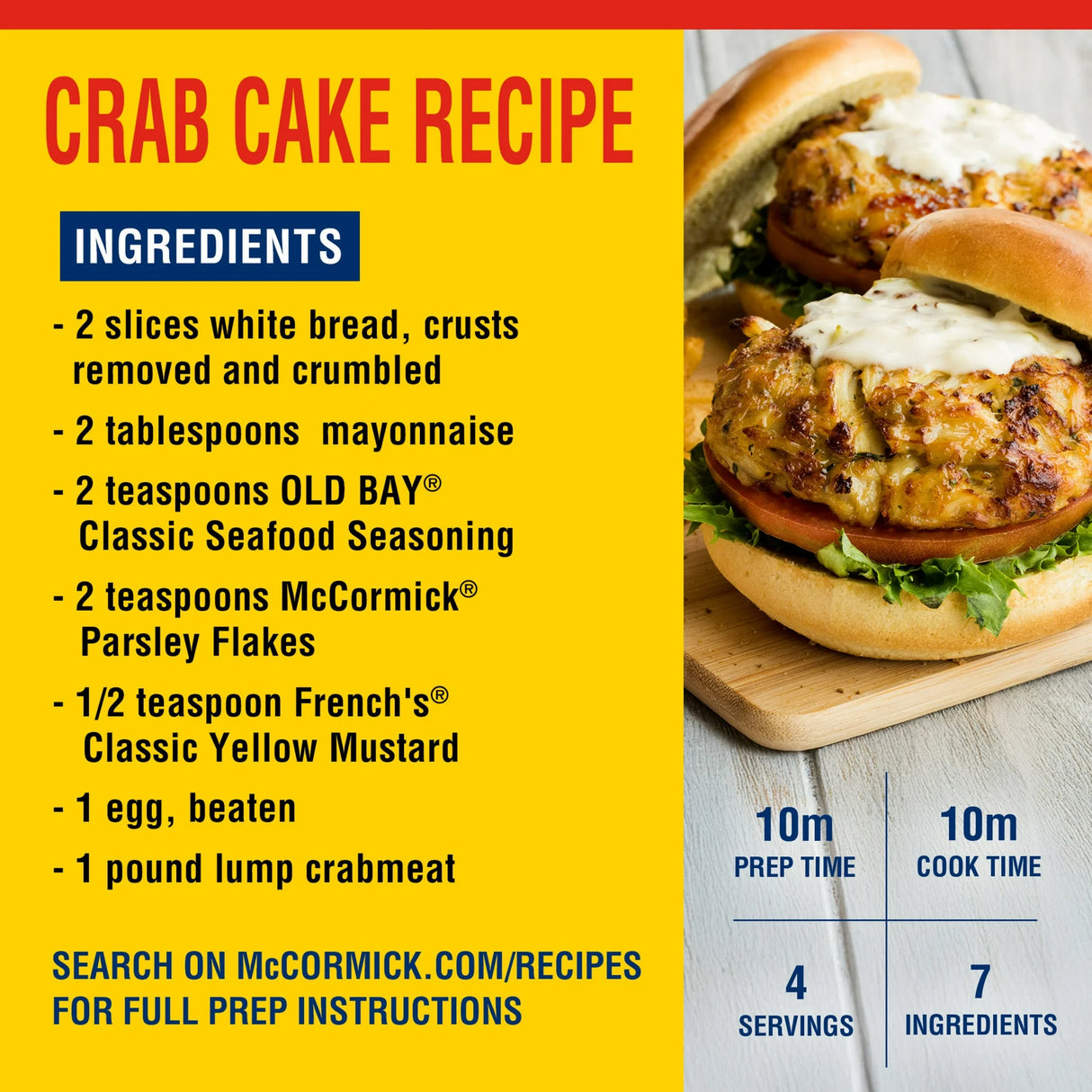 Crab cake recipe card with ingredients and preparation time on a yellow background