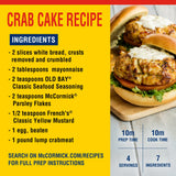 Crab cake recipe card with ingredients and preparation time on a yellow background