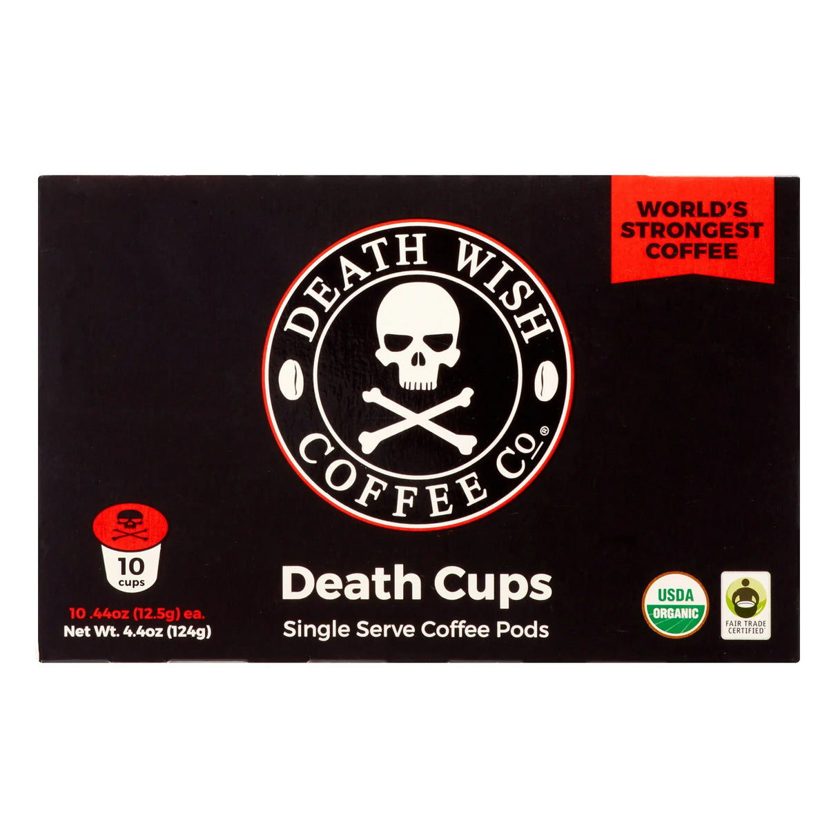 Box of Death Wish Coffee Co. Death Cups single serve coffee pods on a white background