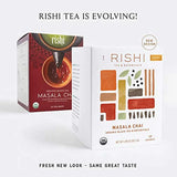Two Rishi Tea packages, one red and one white, with text about the evolution of the brand.