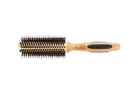 Hairbrush with wooden handle and black bristles on a white background