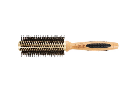 Hairbrush with wooden handle and black bristles on a white background