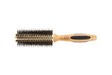 Hairbrush with wooden handle and black bristles on a white background