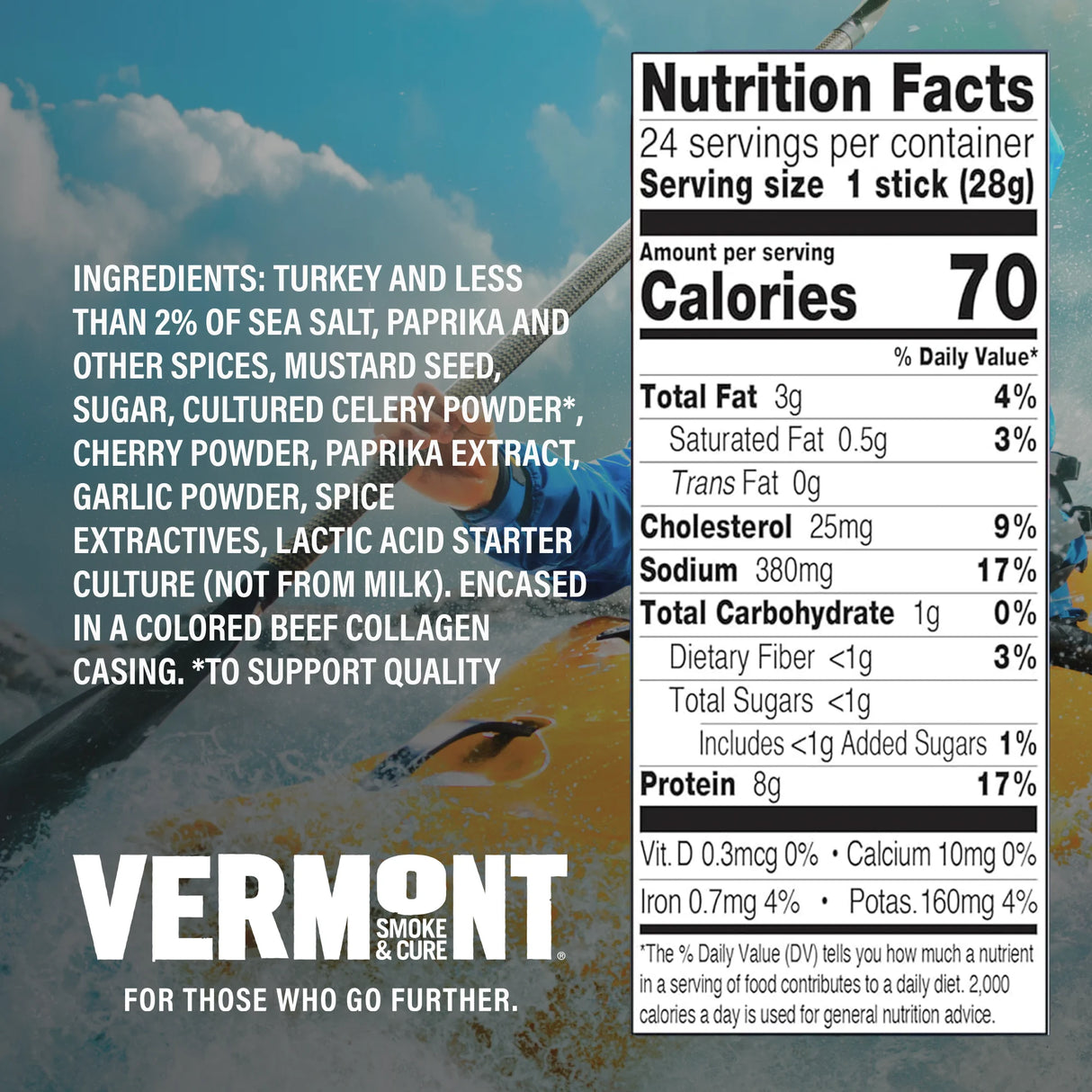 Nutrition facts label for a product with a blurred background of people and food.