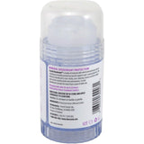 Clear deodorant stick with a label on a white background