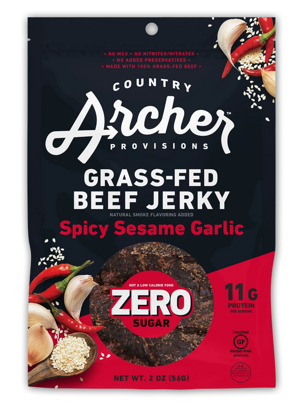 Country Archer Beef Jerky Spicy Sesame Garlic - 2 Oz Zero Sugar - Case of 12 - Cozy Farm 