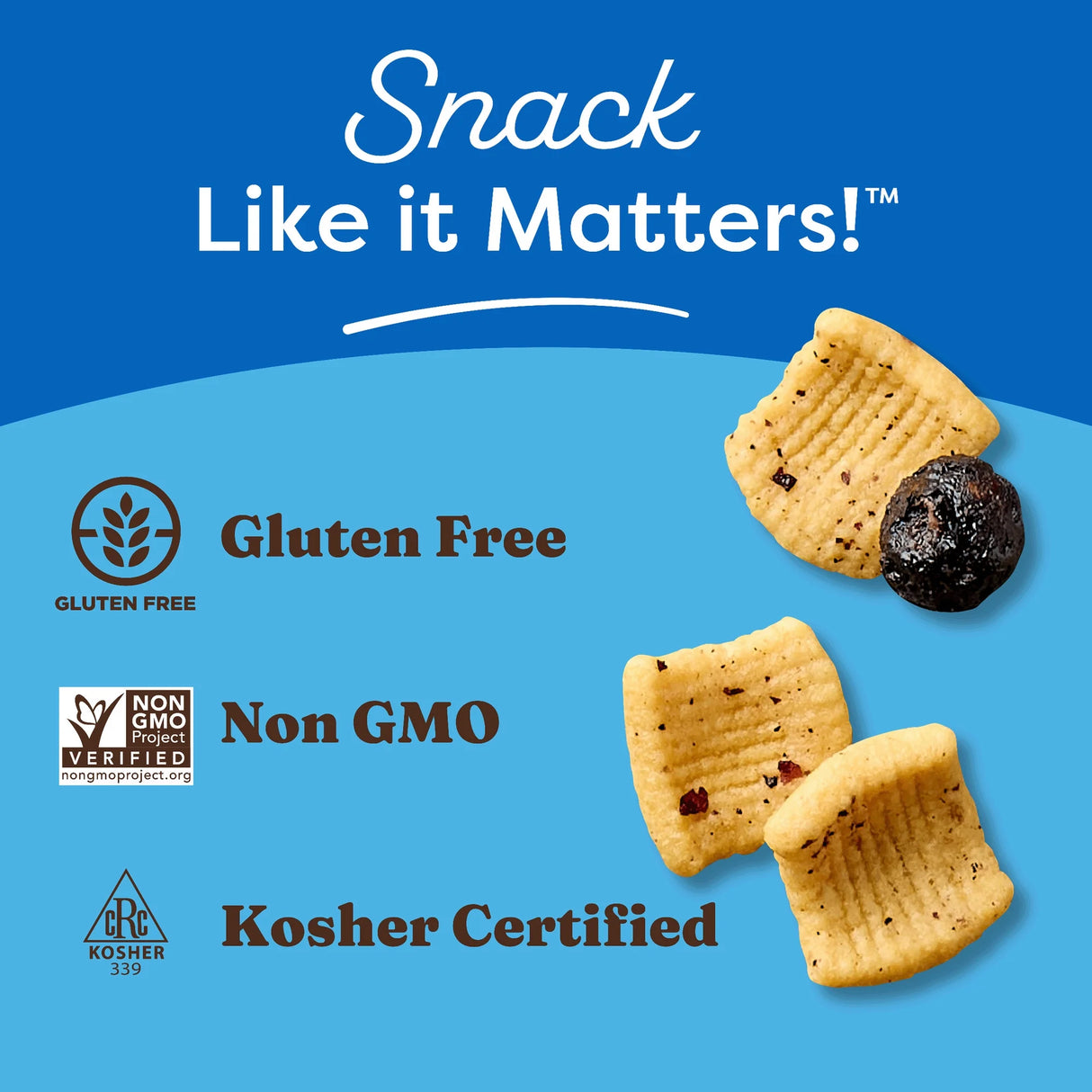 Snack packaging with 'Snack Like it Matters!' text, gluten-free, non-GMO, and kosher certification logos on a blue background.
