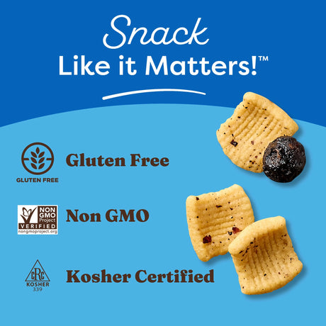 Snack packaging with 'Snack Like it Matters!' text, gluten-free, non-GMO, and kosher certification logos on a blue background.