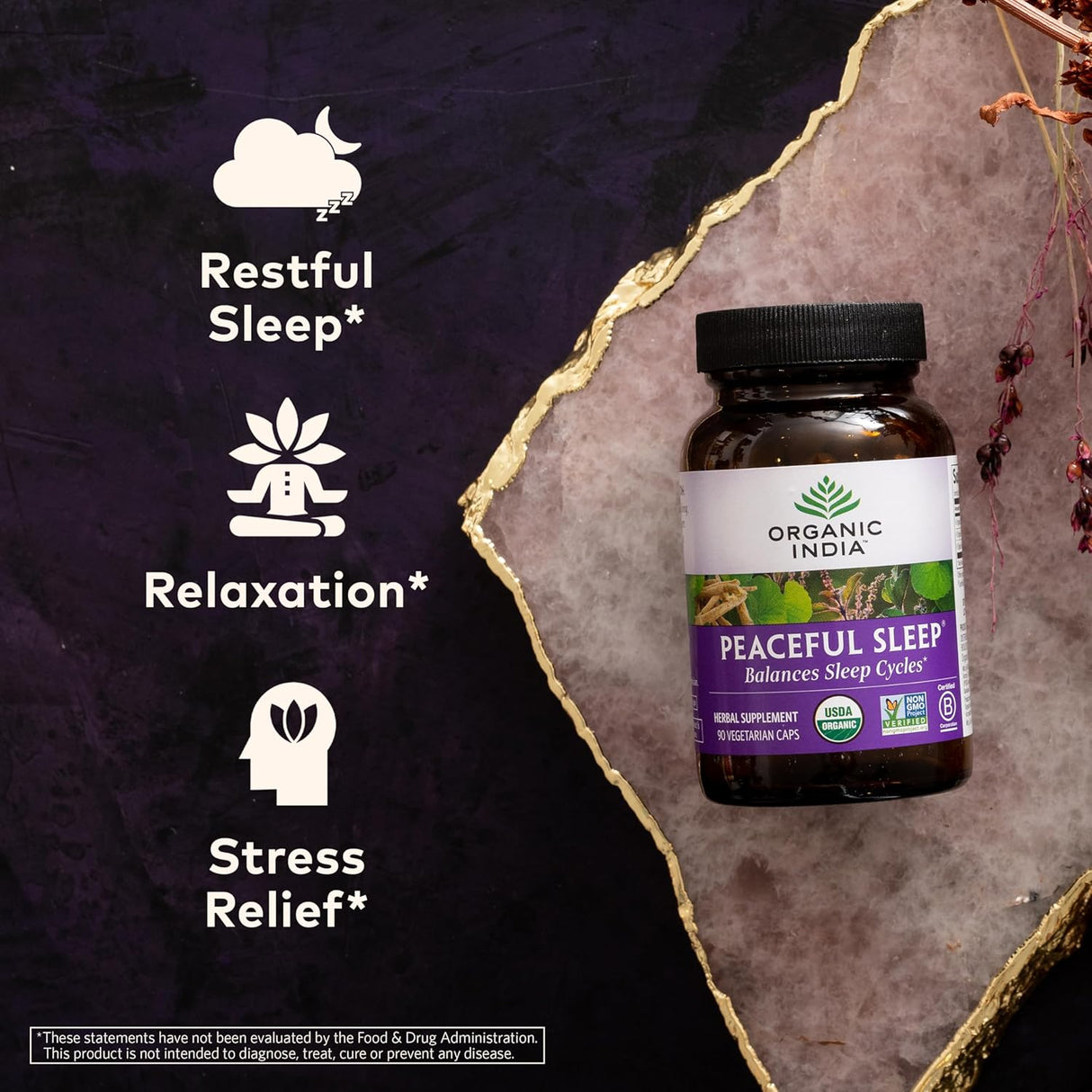 Supplement bottle labeled 'Peaceful Sleep' by Organic India on a textured surface with icons and text about sleep, relaxation, and stress relief.