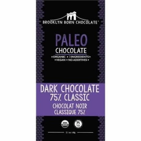 Brooklyn Born Chocolate - Organic 75% Dark Chocolate Bar, 2.1 oz (Case of 12) - Paleo Kosher Treat