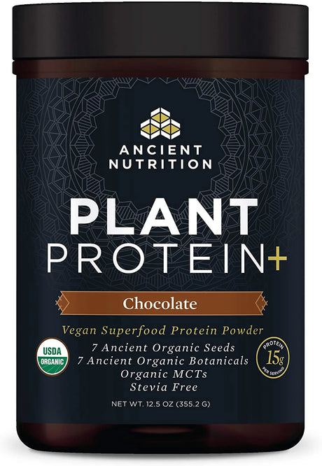 Ancient Nutrition - Plant Protein+ Organic Chocolate, 12.5 oz - Plant Based Protein