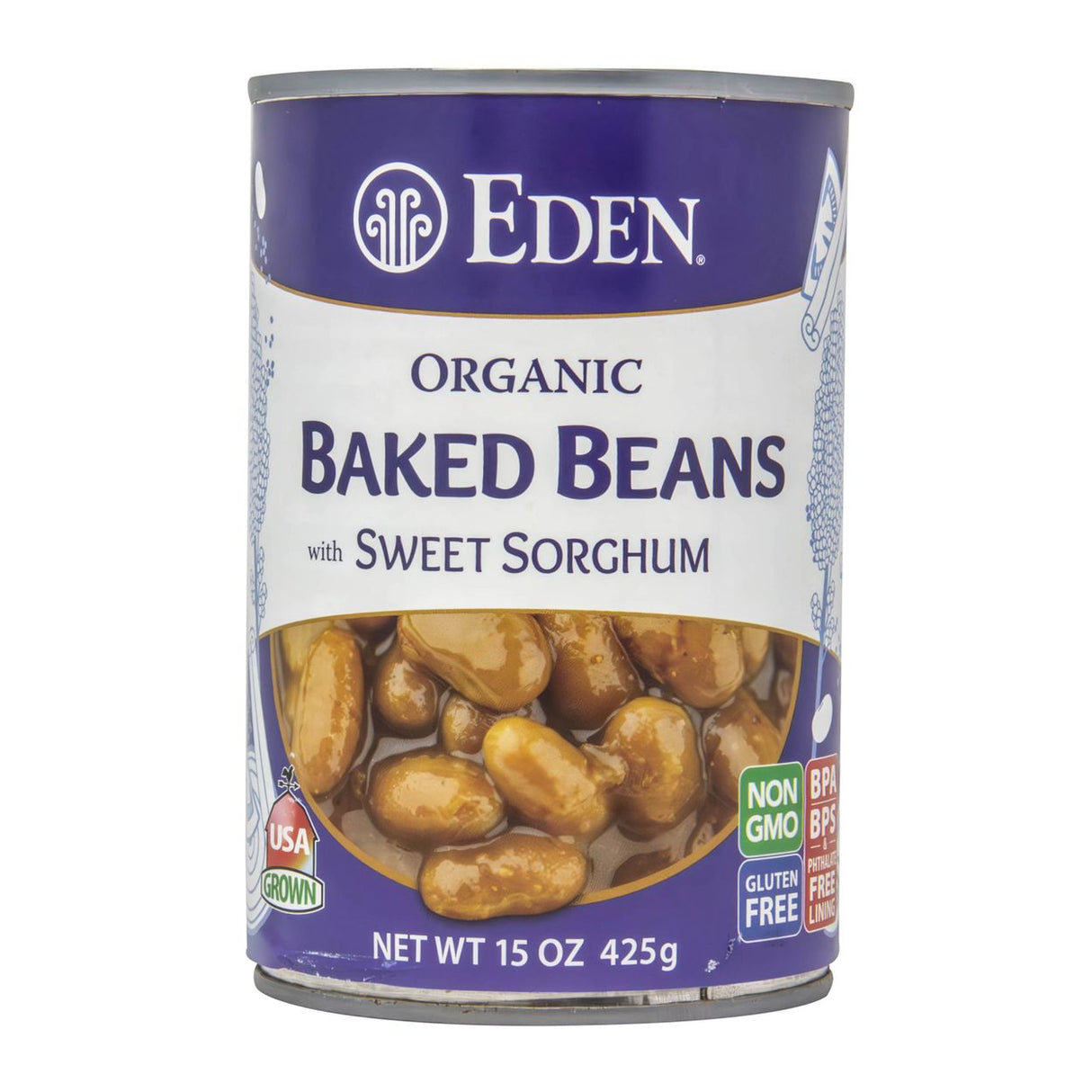 Can of Eden Organic Baked Beans with Sweet Sorghum on a white background