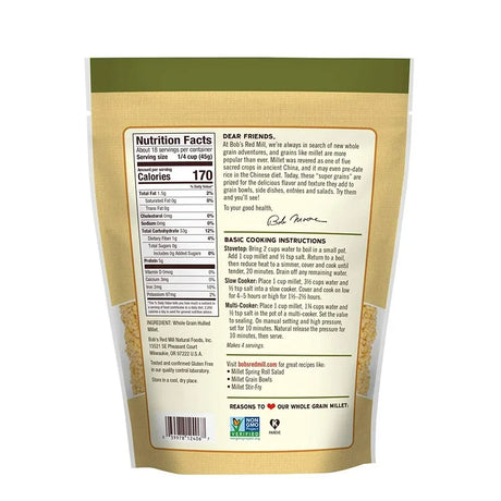 Back of a  bob's red mill millet package with nutrition facts, cooking instructions, and other information.