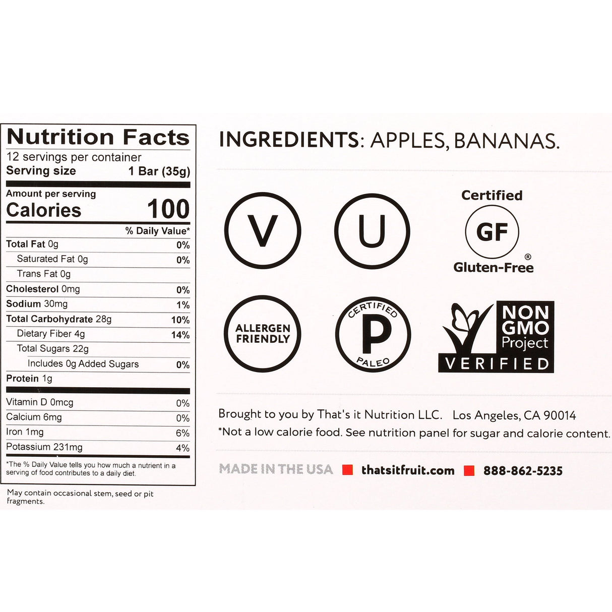 That's It Apple and Banana Fruit Bars, 100% Real Fruit, Gluten Free, 1.2 oz Bars, Case of 12