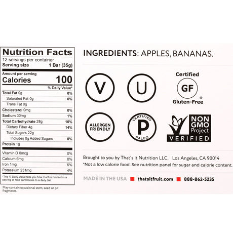 That's It Apple and Banana Fruit Bars, 100% Real Fruit, Gluten Free, 1.2 oz Bars, Case of 12