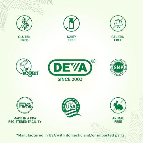 certifications for Deva products on a green background