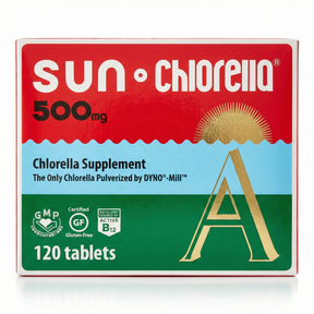 Sun Chlorella supplement box with red, green, and blue design on a white background
