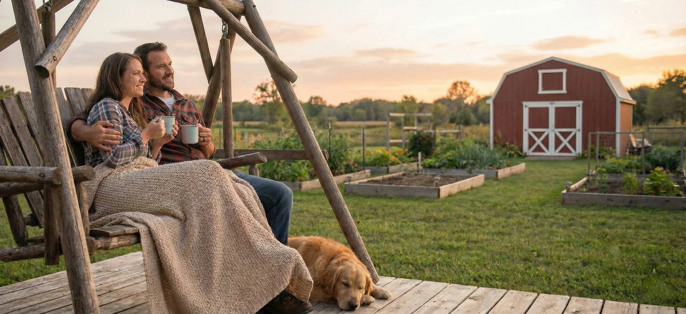Couple sitting on a swing with a dog, enjoying a scenic view of a barn and garden at Cozy Farm 