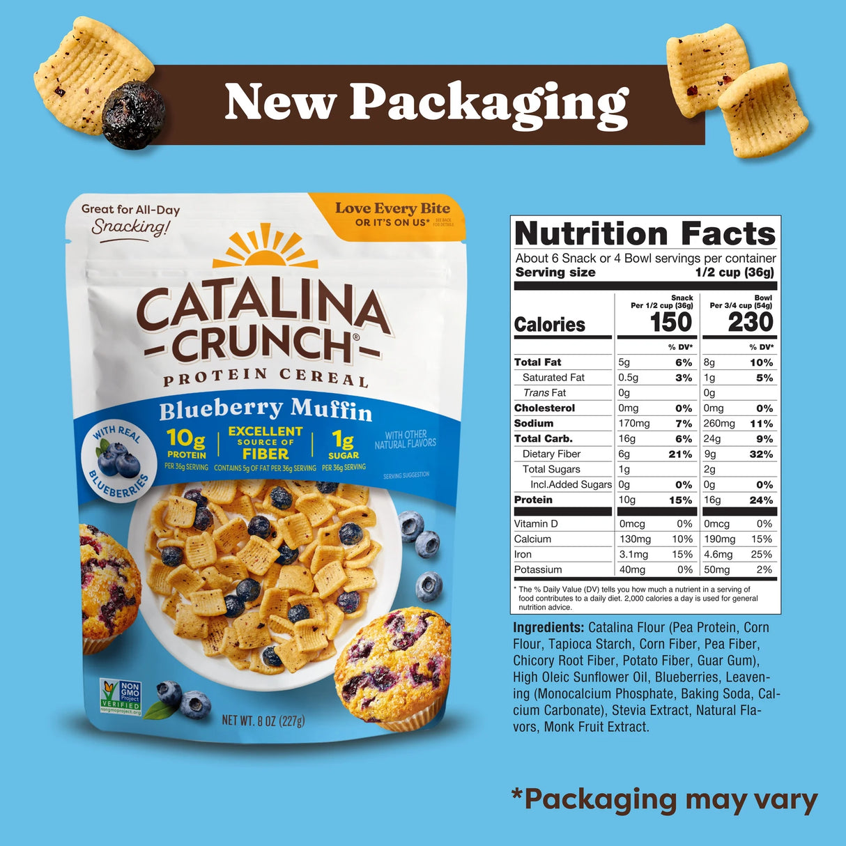 Catalina Crunch Protein Cereal packaging with nutrition facts on a blue background