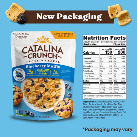 Catalina Crunch Protein Cereal packaging with nutrition facts on a blue background