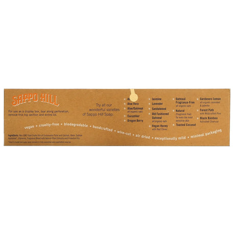 Sappo Hill soap packaging with product names and features on a white background