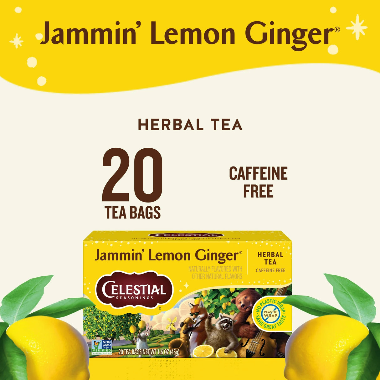 Celestial Seasonings Jammin' Lemon Ginger herbal tea package with lemons and green leaves on a yellow and white background.