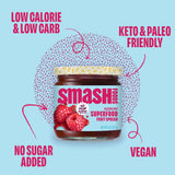 Jar of Smash Foods raspberry superfood fruit spread with health benefits text on a light blue background