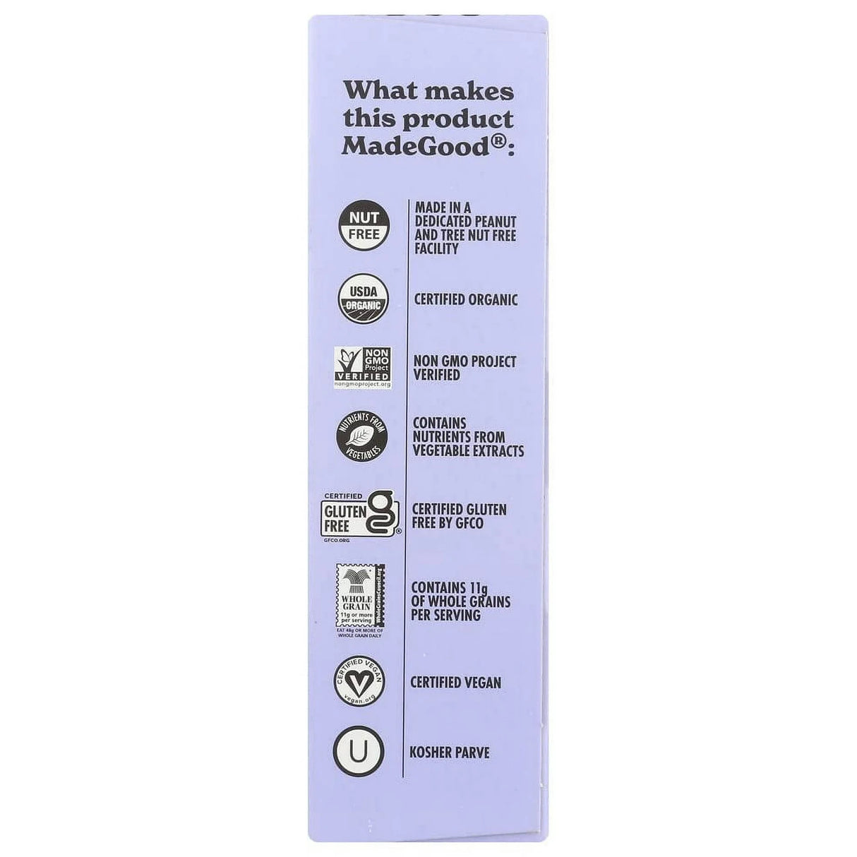 MadeGood product packaging with certification logos on a white background