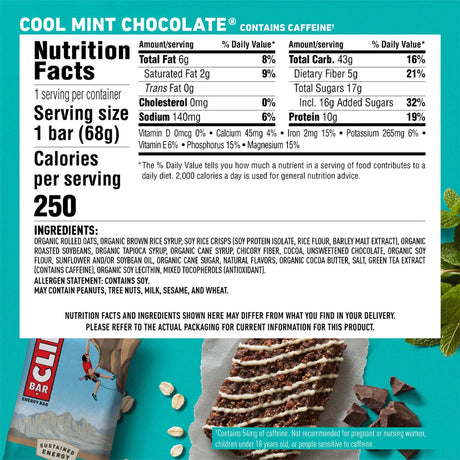Clif Bar Organic Cool Mint Chocolate Energy Bar, 2.4 oz, Pack of 12