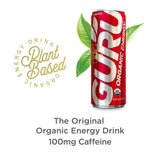 Guru Organic Energy Drink can with green leaves on a white background