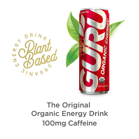 Guru Organic Energy Drink can with green leaves on a white background