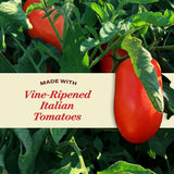 Tomatoes growing on a vine with a label indicating 'Made with Vine-Ripened Italian Tomatoes'.