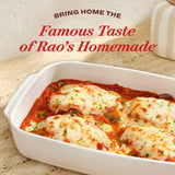 Baked dish with tomato sauce and cheese in a white dish on a countertop, with text promoting Rao's Homemade.
