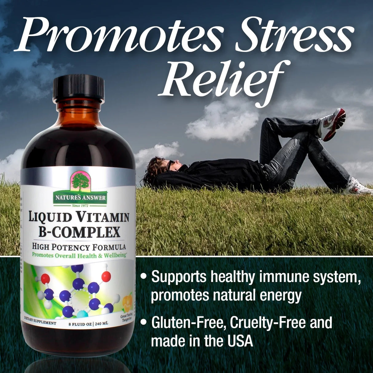 Bottle of Nature's Answer Liquid Vitamin B-Complex with a person relaxing in the grass, text promoting stress relief and product benefits.