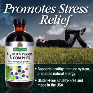 Bottle of Nature's Answer Liquid Vitamin B-Complex with a person relaxing in the grass, text promoting stress relief and product benefits.