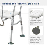 Bath bench with suction cups and drainage holes for safety and stability.