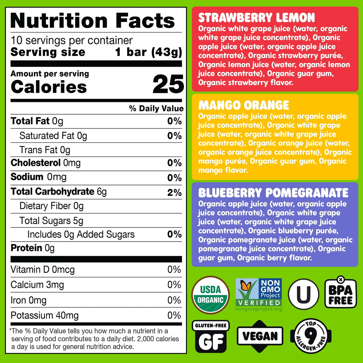 Nutrition facts label with flavor options on a green background