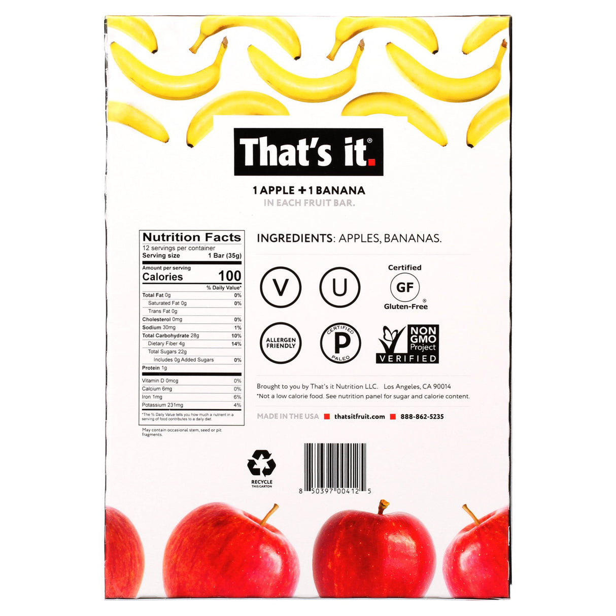 That's It Apple and Banana Fruit Bars, 100% Real Fruit, Gluten Free, 1.2 oz Bars, Case of 12