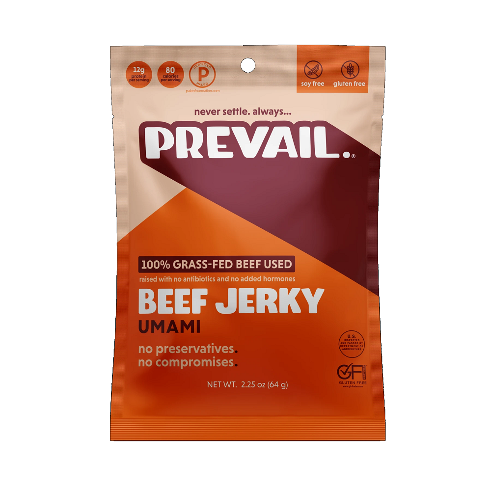 Prevail Umami Beef Jerky | 0.9°F | 2.25 Oz Singles | Case of 8 - Cozy Farm 