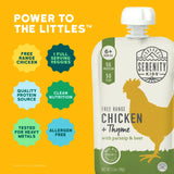 Serenity Kids food pouch with chicken and thyme flavor on a yellow background