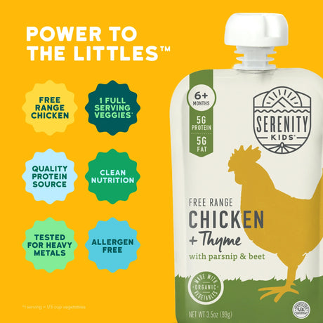 Serenity Kids food pouch with chicken and thyme flavor on a yellow background