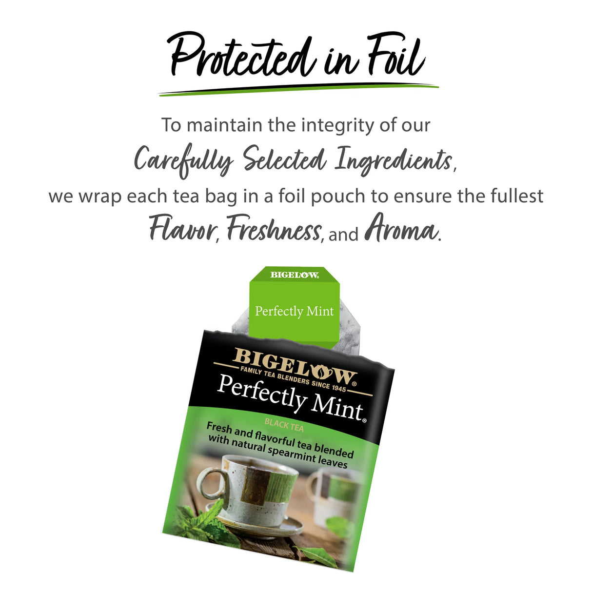 Bigelow Perfectly Mint tea bag packaging with text about tea preservation on a white background