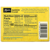 Nutrition label and product description for Reese Smoked Clams on a yellow background