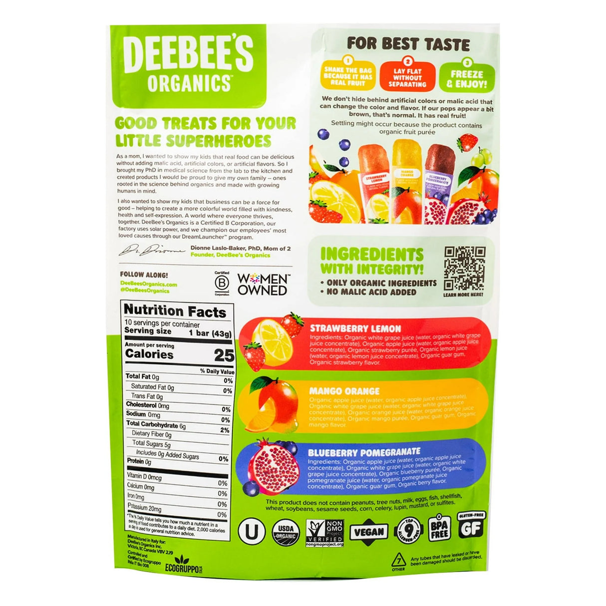 DeeBee's Organics snack bar packaging with nutritional information and ingredients listed.