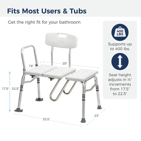 White shower chair with adjustable seat and backrest, showing dimensions and weight capacity on a white background.