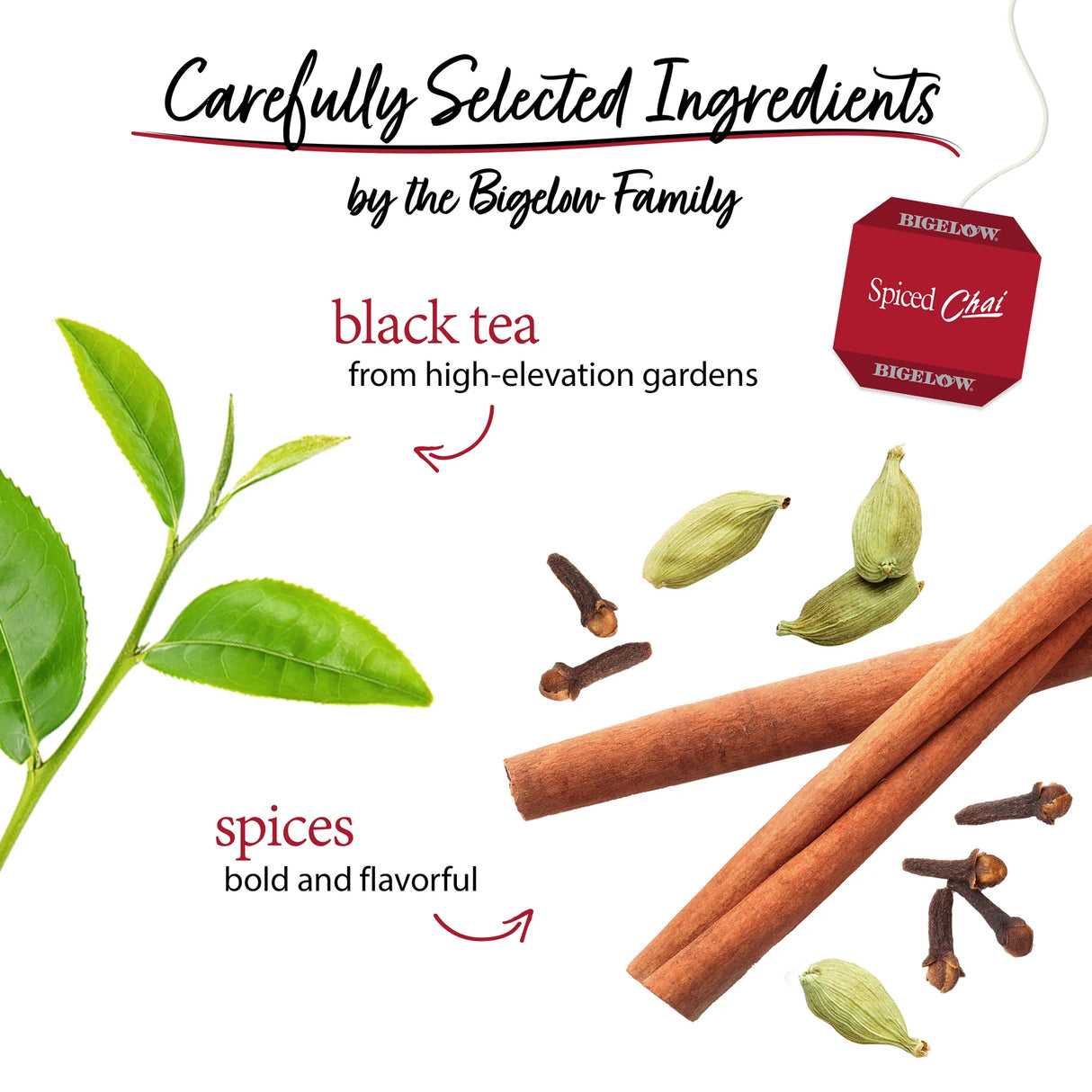 Tea packaging with tea leaves, spices, and Bigelow Spiced Chai box on a white background
