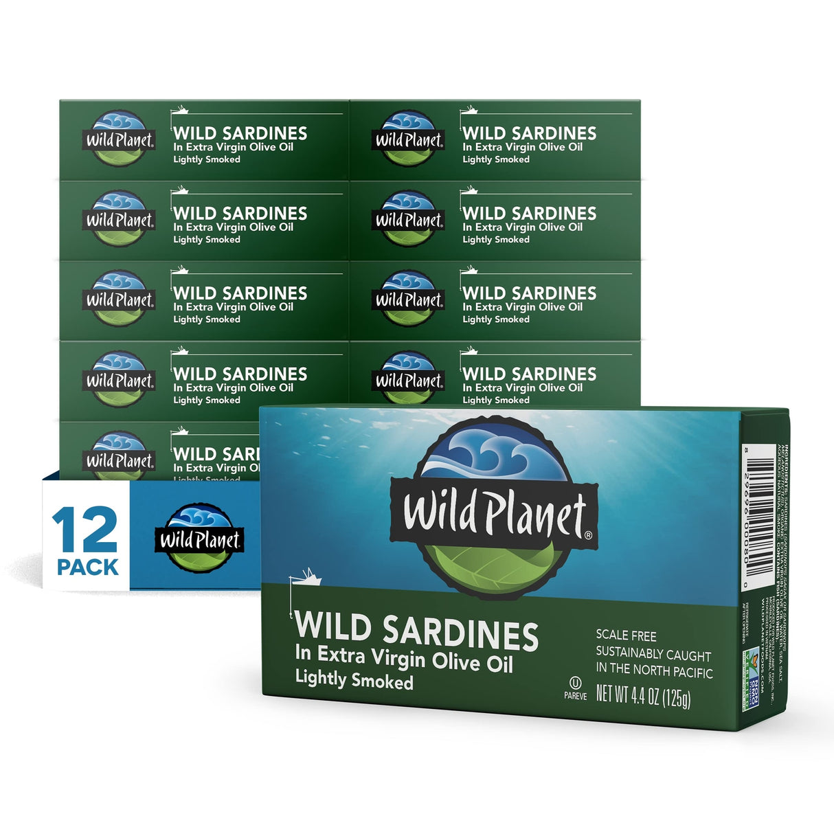 Multiple boxes of Wild Planet wild sardines in extra virgin olive oil on a white background
