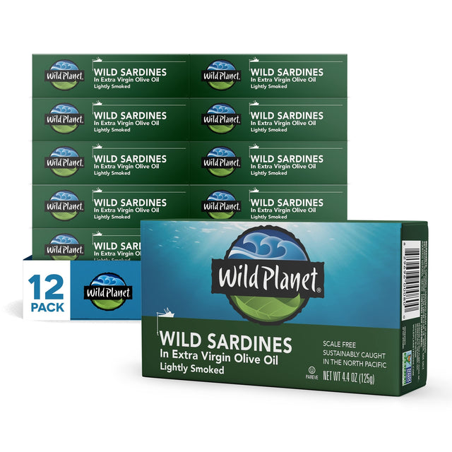 Multiple boxes of Wild Planet wild sardines in extra virgin olive oil on a white background