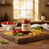 Raos sun-dried tomato pesto jar on rustic wooden board with fresh basil and tomatoes in Italian kitchen setting